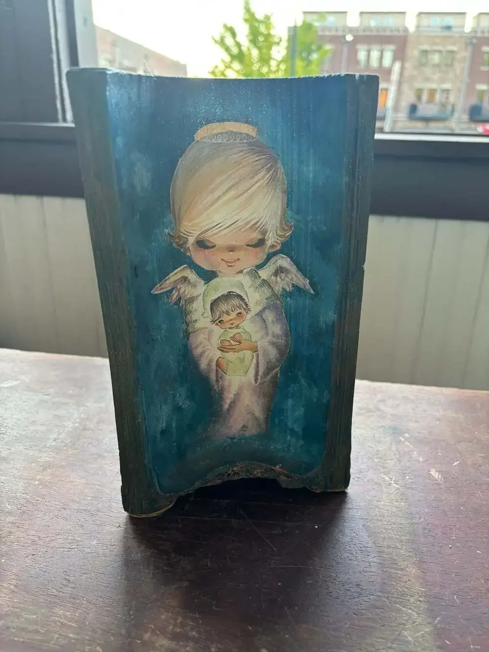 Vintage Retro Kitschy Angel with Baby Wall Art Plaque on Curved Wood Bark